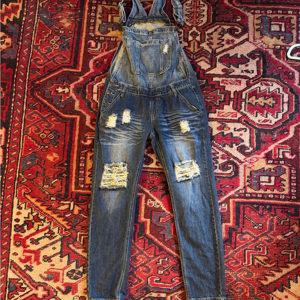 EUC Distressed Denim Overalls